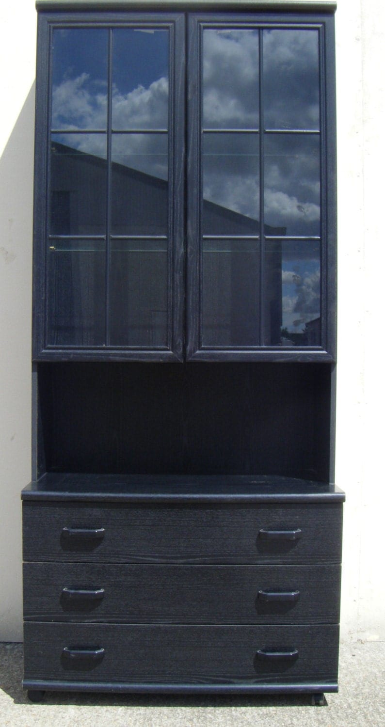 Oak Veneer Wall Unit on casters and Two (2) Glass Shelves and Three (3) Drawers Haute Juice