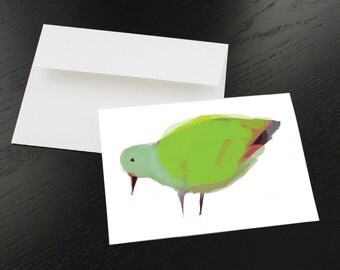 Carte de souhaits "Oiseau vert, rose, mauve". Format, une fois plié 5 x 7, intérieur blanc. Enveloppe comprise.