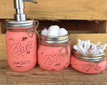 Painted Mason Jars. Mason Jar Bathroom Set. Home and Bathroom Decor. Coral.Vintage. Rustic. Shabby Chic. Mason Jar Soap Dispenser. Gift