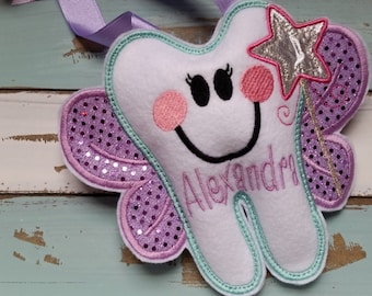 Tooth Fairy Pillow~ Girl~Personalized ~Girls Tooth Fairy Pillow with a Wand~Tooth Pillow~Gift~Flower Girl Gift~Purple~Sparkly~Birthday Gift