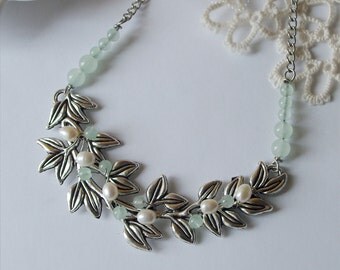 Antique silver leafy branch Bib necklace Fresh water pearls statement necklace