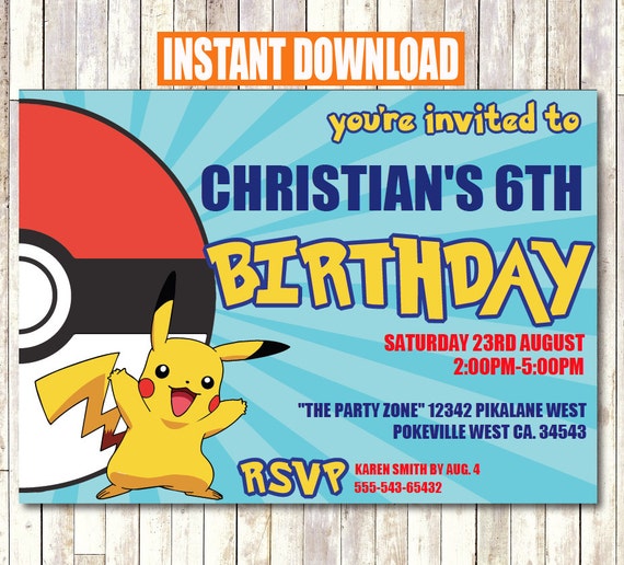 Pokemon Birthday Invitation INSTANT DOWNLOAD by CocoDelava on Etsy