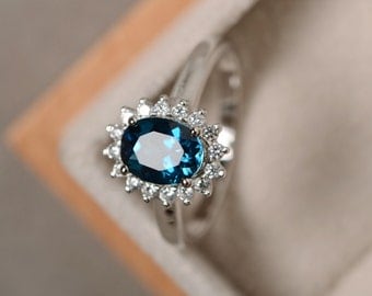 London blue topaz ring, sterling silver, blue gemstone, promise ring, engagement ring, oval cut ring
