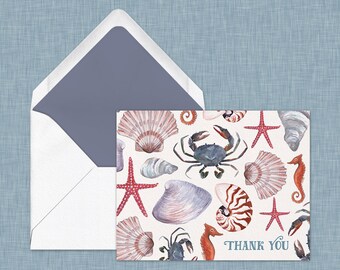 Beach Print Thank You Card // Watercolor Card with seashells, crab, starfish, seahorse