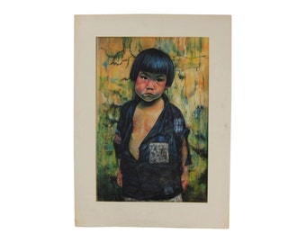 1962 Original Pastel Painting Portrait Asian Peasant Boy in Tattered Shirt sgnd Hove