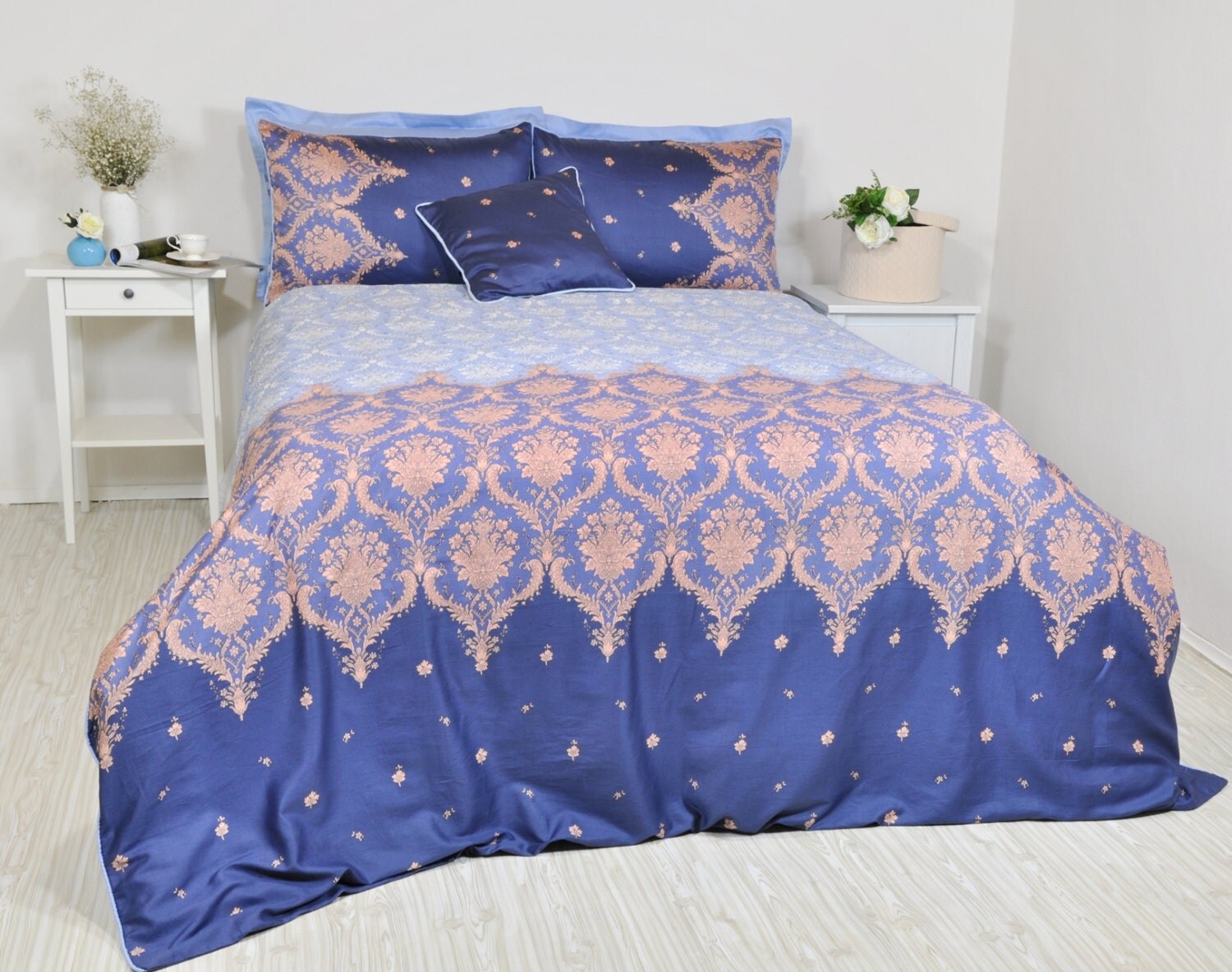 Navy Baby Blue Damask Bedding Set in Full Queen King Damask
