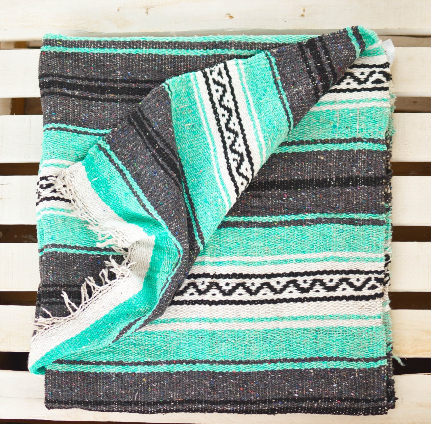 Turquoise Stripped Mexican Blanket Warm Cozy Boho by Ushushubi
