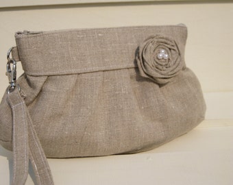 BRIDAL CLUTCH, natural linen, rosette, wristlet