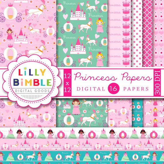 Princess digital scrapbook papers with castle, kingdom, horse carriage, cute patterned papers for birthday parties Digital Download Il_570xn