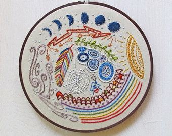 FULL CIRCLE - pdf embroidery pattern, hand embroidery, stitching sampler, doodle stitching design, color lovers, rainbow, moon and stars