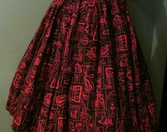1950's Full Black Skirt with Red Print Metal Zipper Waist 26" True Vintage
