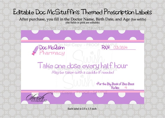 Doc McStuffins Prescription Labels - EDITABLE - Instant Download by SwishDesigns | Catch My Party