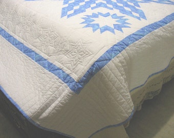Handquilted Quilt, Blue and White Lone Star Quilt, Queen Size Quilt, Blue And White Quilt, fiber art, quilting