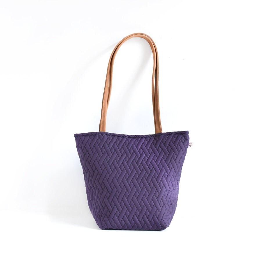 Purple quilted fabric tote bag with leather handles Small