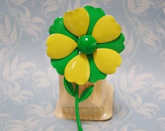 1960s Enamel Flower Brooch Large Vintage Lime Green Mod Groovy