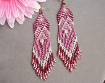 Native American Beaded Earrings, Beadwork Earrings, Long Beaded Earrings, Fringe Earrings, Garnet Pink Earrings, DESERT ROSE