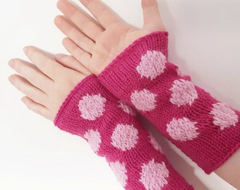 pink and pastel polka dot wrist warmers - knitted arm warmers, winter accessories