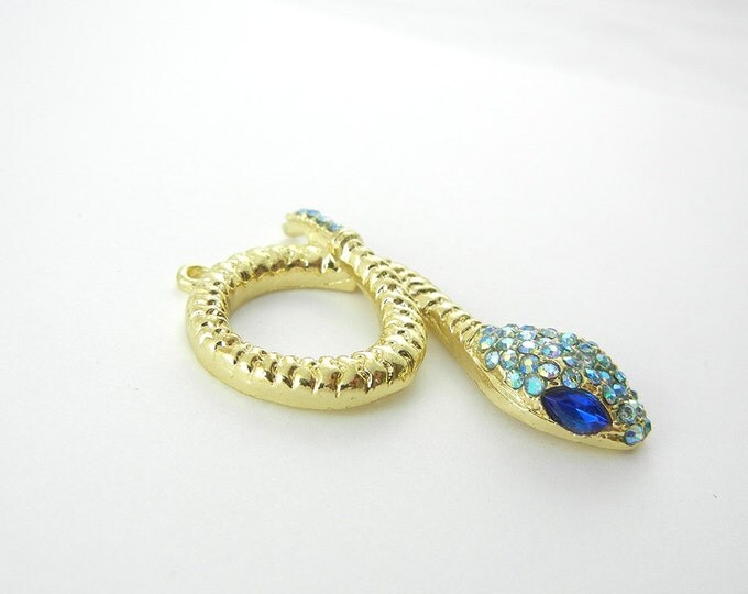 Snake Pendant Charm Blue Rhinestones Gold-tone