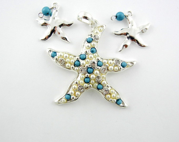 Set of Silver-tone Starfish Pendant and Charms Turquoise Cabochons Rhinestones