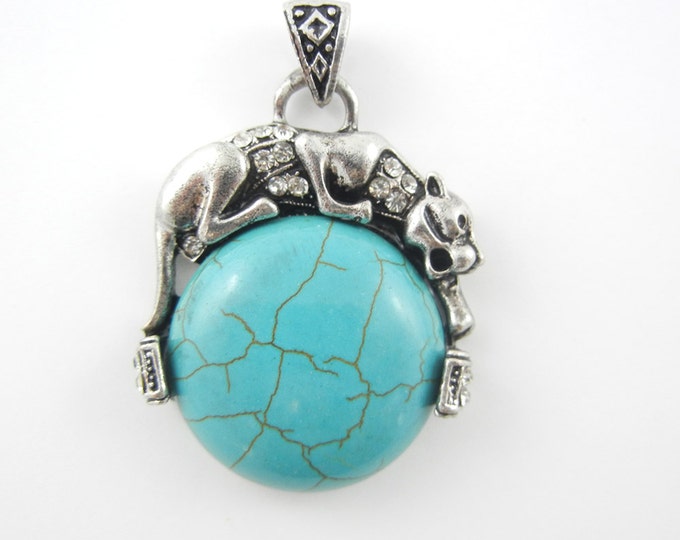 Art Deco Panther on Large Acrylic Turquoise Cabochon Pendant Antique Silver-tone
