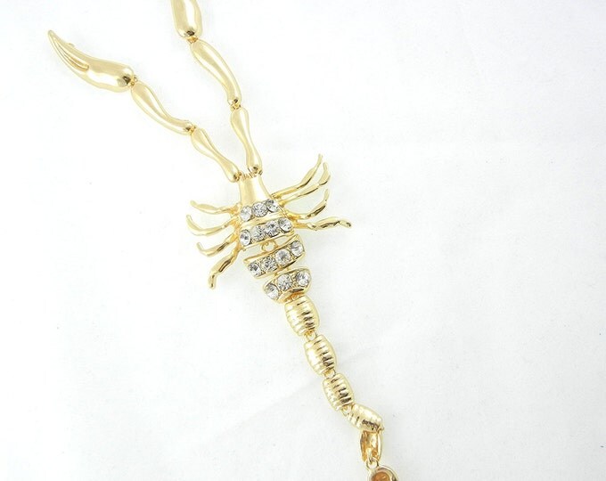 Huge Double Link Gold-tone Segmented Scorpion Tassle Pendant Rhinestones