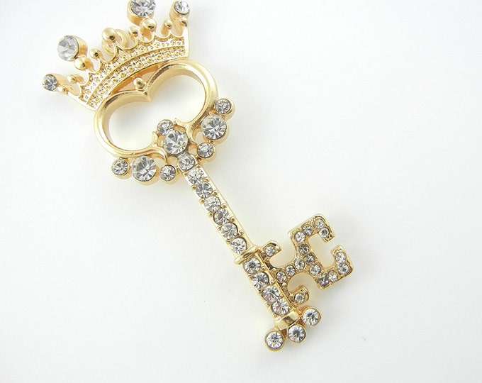 Gold-tone Skeleton Key with Crown Rhinestones