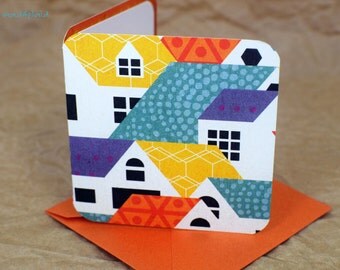 Blank Mini Card Set of 10, Contemporary House Design with Contrasting Pattern on the Inside, Metallic Orange Envelopes,mad4plaid