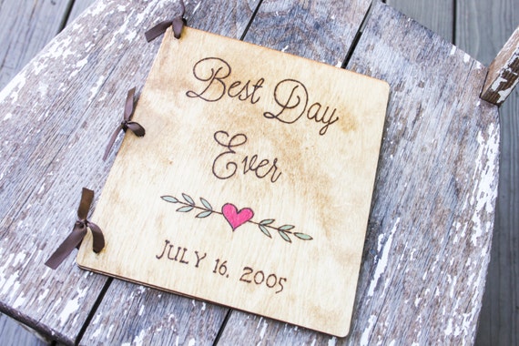 Custom Woodburned Wedding Guest Book - Best Day Ever - Rustic Wedding by LazyLightningArt
