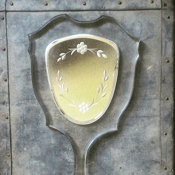 Vintage Hand Mirror Clear Lucite Etched Flower Design