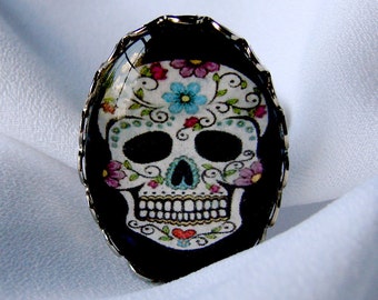 Sweet Floral Swirls Adjustable Sugar Skull Ring