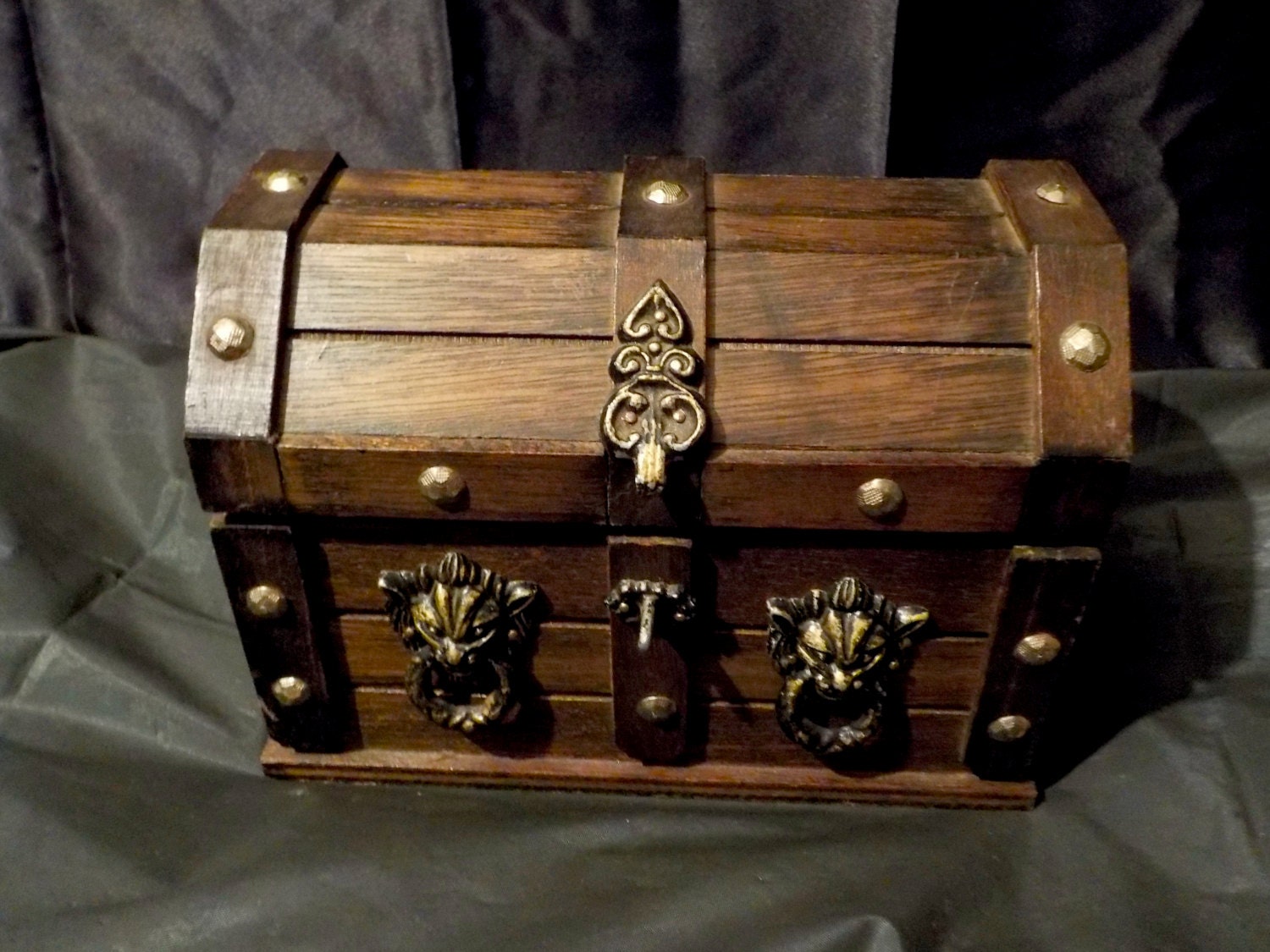 Vintage Wooden Pirate Chest Jewelry Box with Lion Heads