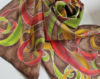 Hand Painted Silk Scarf - Handpainted Scarves Rust Burnt Orange Olive Green Avocado Chocolate Brown Mustard Yellow Gold Fall Autumn Warm