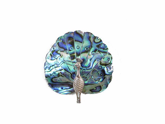 Colorful Genuine Abalone Shell Peacock Figural Bird Brooch Pin Haute Juice 0343