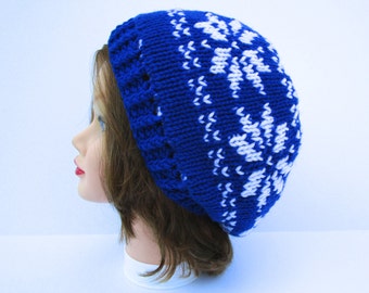 Women's Knit Hat - Fair Isle Beanie - Snowflake Hat - Blue and White Hat - Reversible Hat - Slouchy Beanie - Warm Winter Hat - Double Knit