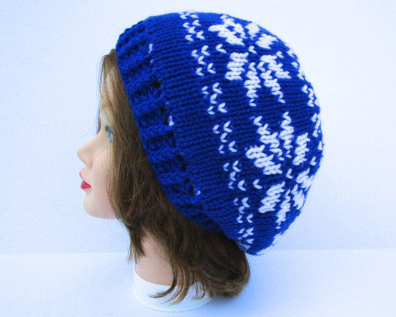 Double Knit Hat Fair Isle Beanie Snowflake Hat Blue and