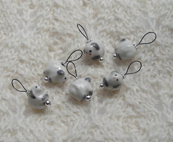 Knitting Sheep Stitch Markers - snag free loops - white ceramic sheep beads -...