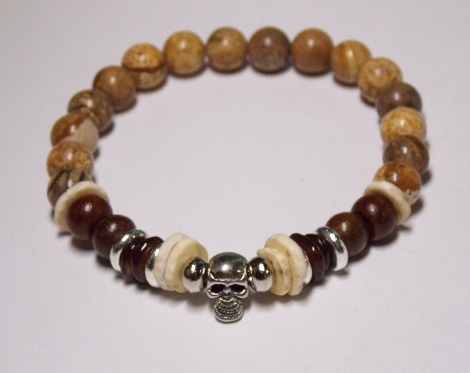 Mens Bracelet, Skull Bracelet, Natural Elements, Jasper, Wood, Bone. Shell Bracelet, Mens Jewelry, Rocker Bracelet, Woodland Bracelet
