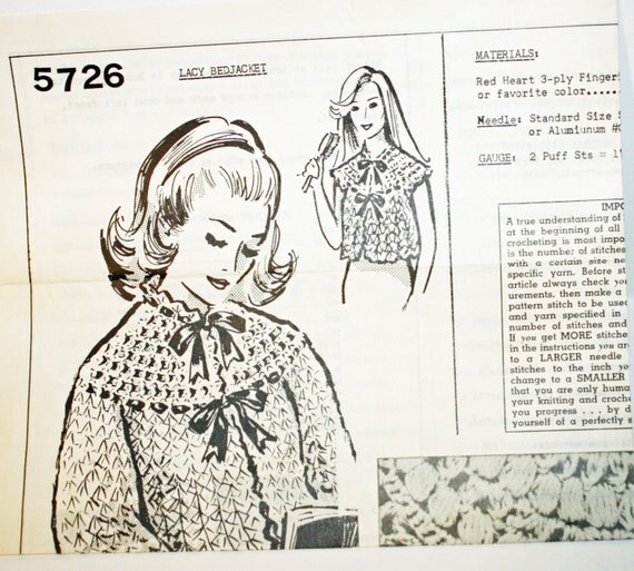 bag crochet quick gift Pattern, Without Lacy 5726 Vintage With or Sleeves Crochet Bedjacket