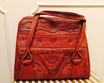 Vintage 40s 50s Tooled Leather Hand Bag FREE US Shipping