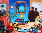 Fine Art Print, Still Life, Figurative, Interior, Man in The Mirror, Woman Lounging on Chaise, Brick Wall, Magritte, K madison Moore Fine Art Print, Still Life, Figurative, Interior, Man in The Mirror, Woman Lounging on Chaise, Brick Wall, Magritte, K madison Moore