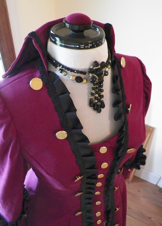 Pirate Frock Coat Jacket in Burgundy Decorator Cotton Twill with Satin Lining. by Showbelles steampunk buy now online