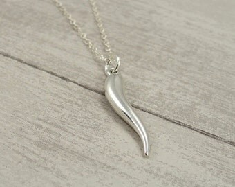 Italian Horn Necklace, Sterling Silver Italian Horn Charm on a Silver Cable Chain