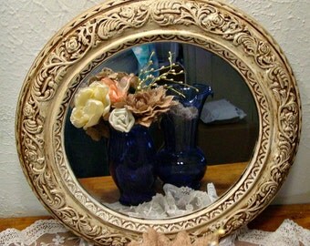 Round Wall Mirror - Ornate Mirror - Hand Painted Mirror - Farmhouse Chic - Country Cottage - Distressed Mirror - Rustic