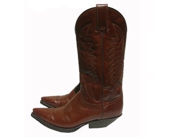 Vintage Cowboy Boots Mens Botas Jaca Butterscotch Brown Leather Eagle Stitch Western Boots Made In Mexico Will Fit Mns US Size 7 1/2