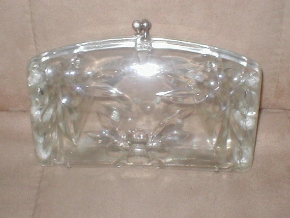 Vintage Clear Lucite Snap Clutch Purse with Rhinestones