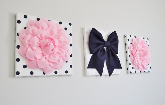 Pink Dahlia and Navy Bow on Polka Dot Wall Art