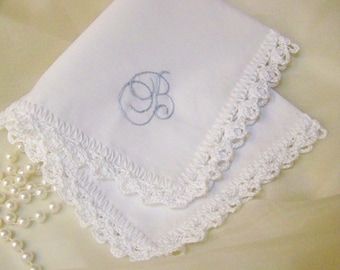 Embroidered Handkerchief, Hanky, Hankie, Monogrammed, Personalized, Hand Crochet, Lace, Something Blue, Bridal, Bridesmaids, Ships Quickly