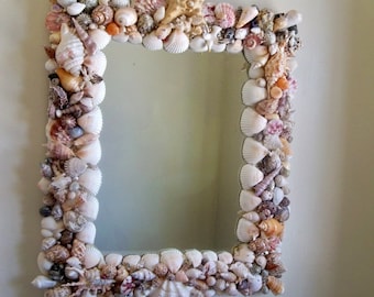 SALE Seashell mirror, coastal decor, beach cottage wall mirror, Seaside decor, Nautical, multi shell mirror, 15 x 18 " Up cycled shell frame