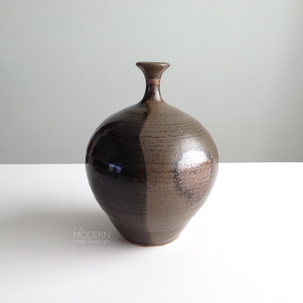 Vintage Studio Pottery Thin Neck Stoneware Vase Weed Pot Mid