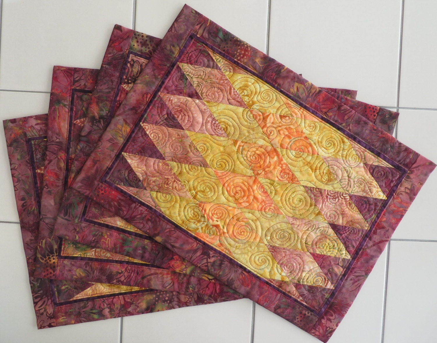 Quilted Batik Placemats Set of Four gold mauve yellow purple